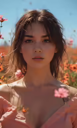 woman with florals in hand and pink shirt on