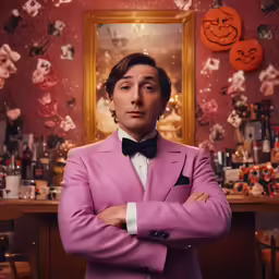 man wearing a pink suit poses with his arms crossed