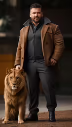 a man with an adult lion standing next to him