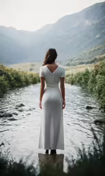 the woman stands in the river while looking up into the mountains