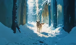 dog walking on snow covered path in woods