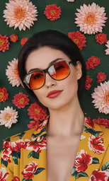 a young woman with orange tinted glasses looking up