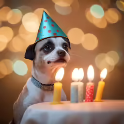 a dog is wearing a birthday hat and next to some candles