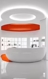 a bright office with a white and orange reception table
