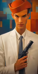a man in white suit holding a gun