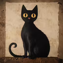 a black cat sitting in front of a painting of an orange eyed cat