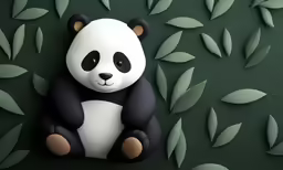 panda sitting in front of some leaves with his paw on the ground