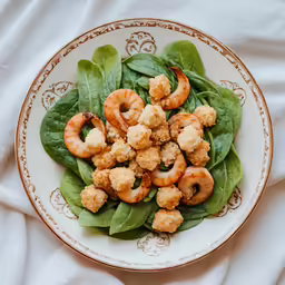 a plate of salad with shrimp, spinach leaves and croutons on it
