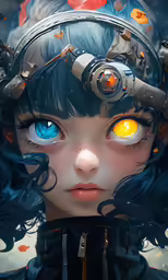 a person wearing a helmet with blue eyes