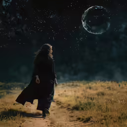 a woman walking across a dry grass covered field under a night sky
