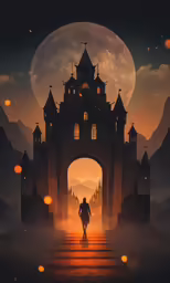 a man is walking towards a large castle