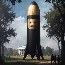 a huge saturn rocket with the face of a man on it sits in the middle of a field