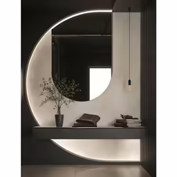 a circular mirror with lights and plants