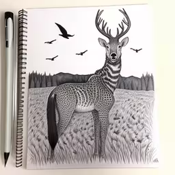 a black and white picture with a deer, bird and two seagulls,an animal with antlers in the middle is shown next to some pen