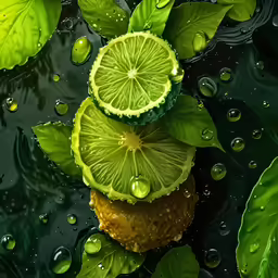 the fruit is decorated in green leaves and has many drops