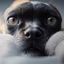 an extremely close up of a black cat with brown eyes