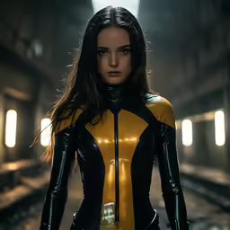 the woman is dressed in a leather outfit