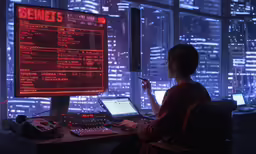 a man sits at a table while using a computer