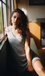 a woman leaning on the edge of a window looking out