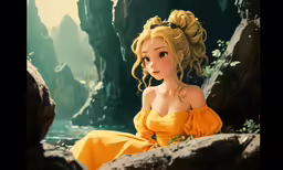 a anime girl is sitting by some rocks