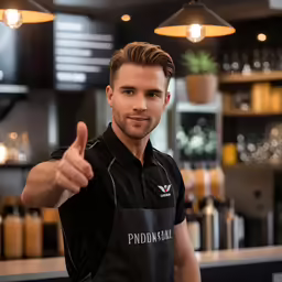 a young man in an apron points at something