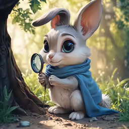 a painting of a bunny holding a magnifying glass in the forest