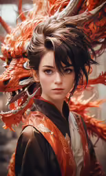 a woman with a dragon headdress is posed