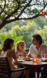 there are three people sitting at a table together
