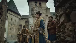 two women in medieval clothing standing next to a castle
