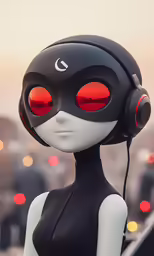 a mannequin with headphones and ear - muffs in front of a cityscape