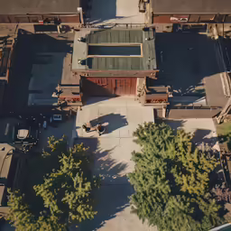 aerial photo of trucks and building with trees