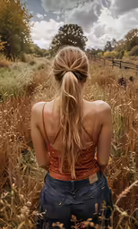 a woman with her back to the camera looking in a field