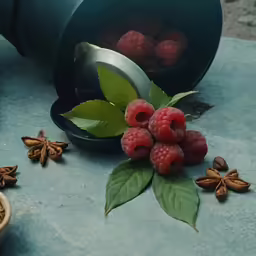 raspberries, nuts and leaves on a concrete floor