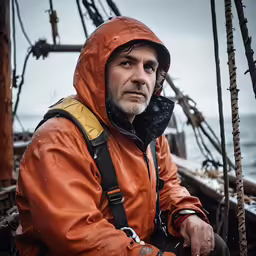 an older man with a backpack is sitting in front of the ship