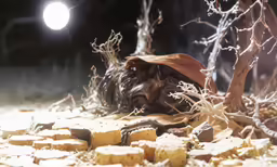 a pile of food next to some bare trees