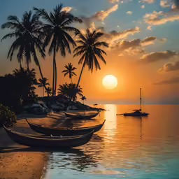 the sun rises over the beach with several boats moored