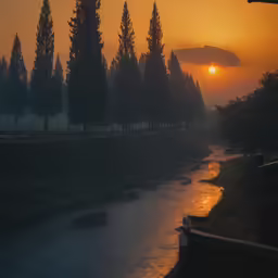 a misty morning on the river with trees and benches