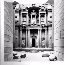a black and white photo with large columns