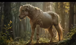 a small brown horse standing on top of a lush green forest