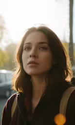 a woman with shoulder bags is looking away from the camera