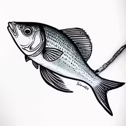 a black and white drawing of a fish on paper
