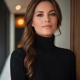 woman with long, shiny hair wearing black sweater