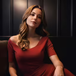 a woman sitting in a chair with a long ponytail