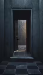 black square stone floor with an open door