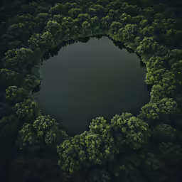 a large round lake surrounded by forest