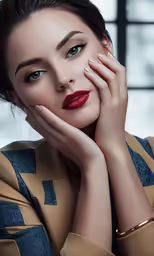 a woman is shown with her hands on her face