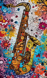 a colorful painting of a saxophone with paint splatters