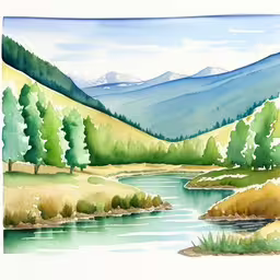 water color painting of a mountain lake with hills,a painting of a river near green hills and trees,a watercolor painting of a mountain river,the water is green and flowing with hills in the background,there is a watercolor drawing on the wall