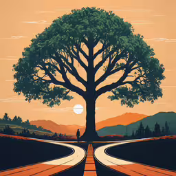an artistic painting of a tree in the middle of the road,this is a poster of the big tree by itself