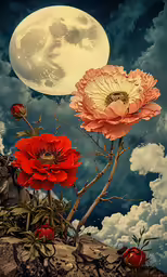 an artistic photo of two flower buds in front of a big full moon